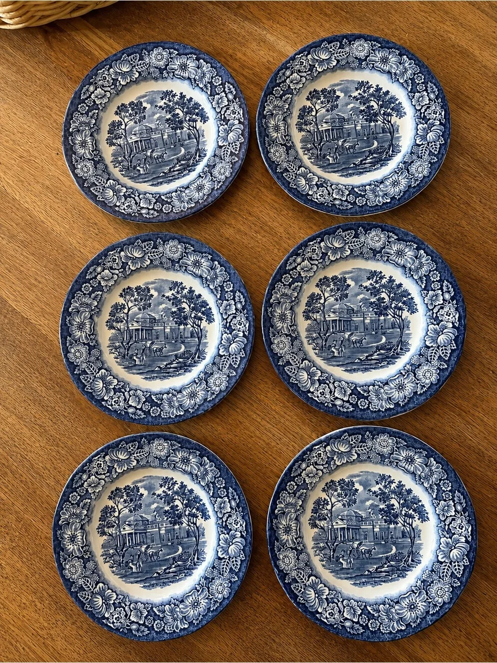 Vintage Liberty Blue Monticello Staffordshire Ironstone Dessert Plates Set of 6